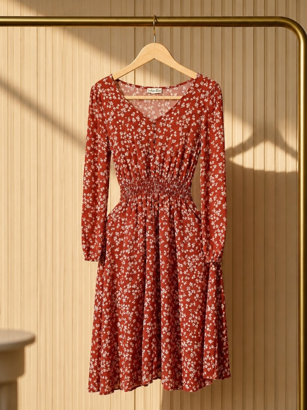 Buttoned down Floral Midi Dress - Rust/White